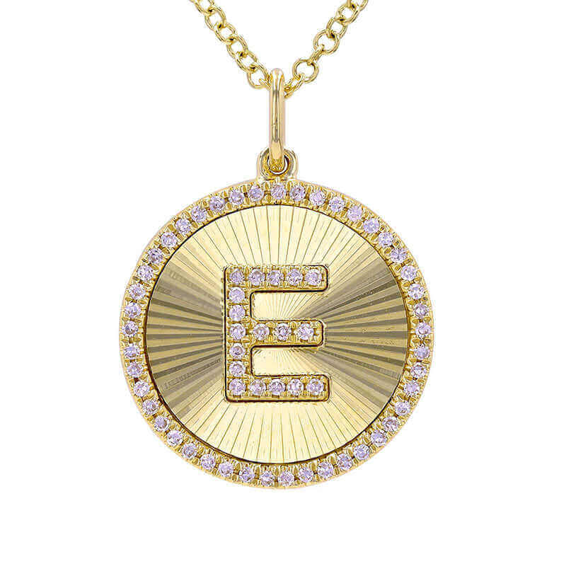 Gold initial pendant necklace with diamond-studded letter 'E' by our jewelry brand