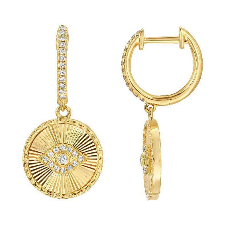 Gold hoop earrings with a diamond-encrusted eye design, perfect for adding a touch of elegance to your jewelry collection.