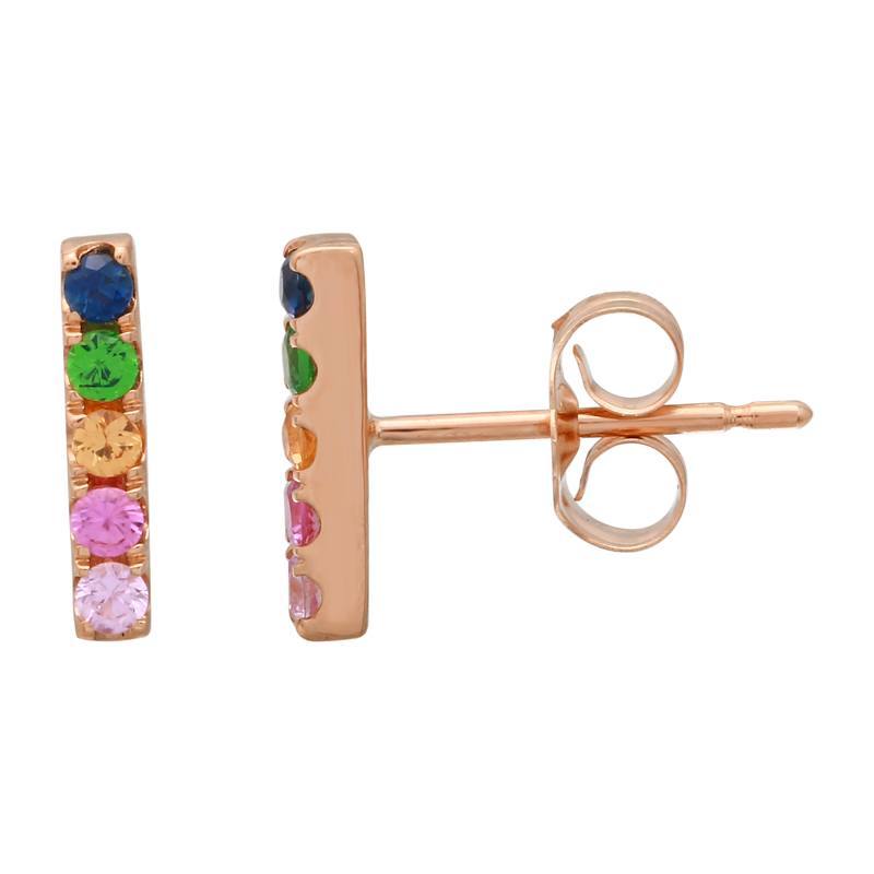 Rose gold bar earrings with multi-colored gemstones from our exclusive jewelry collection.