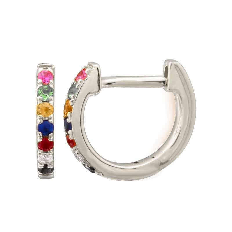 Multi-colored gemstone hoop earrings in sterling silver from our jewelry collection. Ideal for adding a pop of color to any outfit.