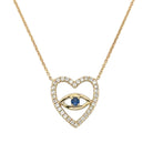 14K Gold Sapphire Accented Evil Eye Heart Diamond Necklace with intricate detailing and high-quality materials, showcasing elegance and protection.