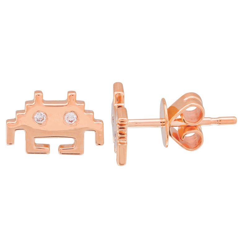 Rose gold stud earrings with unique pixel art design and diamond accents from our jewelry brand collection.