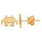 Gold alien motif stud earrings with sparkling diamond accents by our jewelry brand