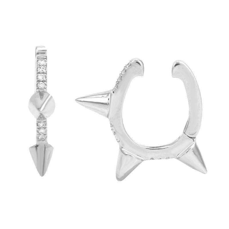 Silver spike hoop earrings with cubic zirconia accents - edgy designer jewelry.