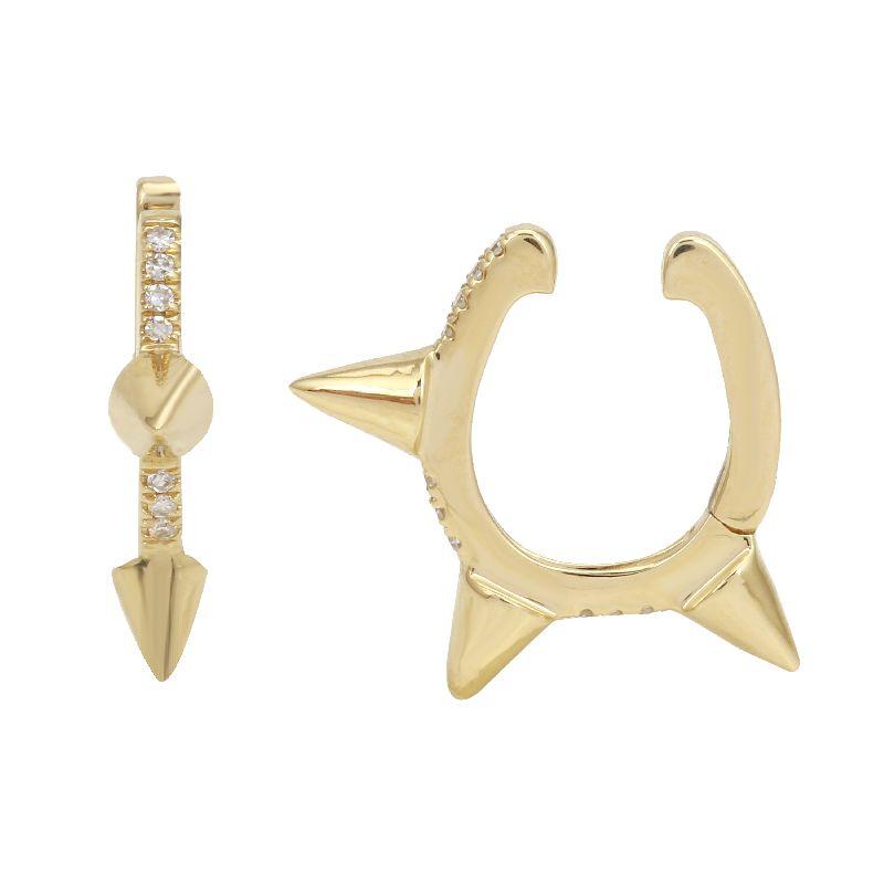 Gold spike and horseshoe-shaped earrings with diamond accents from our luxury jewelry brand.