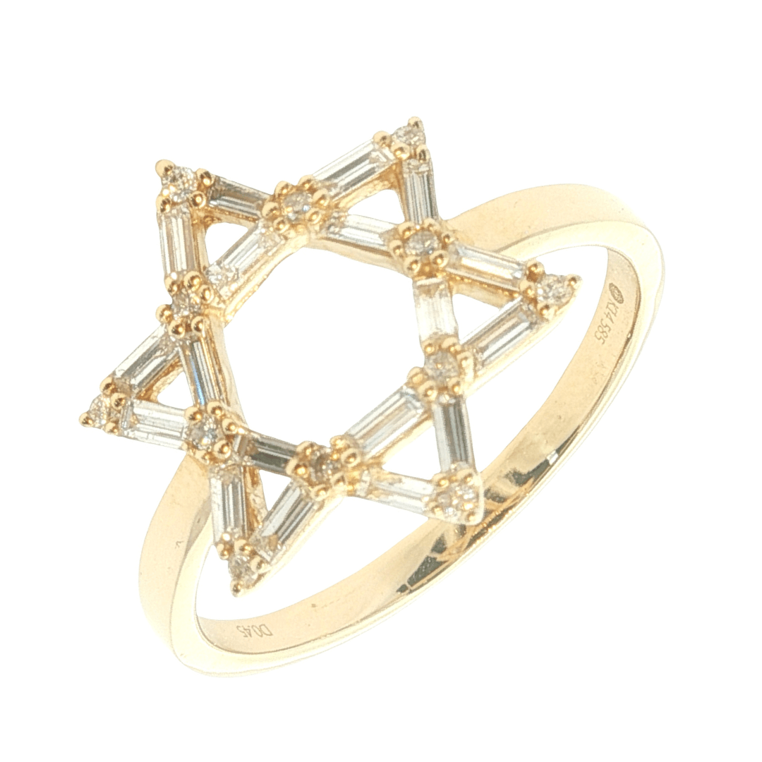 14K Gold Star Of David Baguette Diamond Ring featuring a diamond-encrusted star design and a delicate gold band.