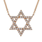 Diamond-studded Star of David pendant necklace on rose gold chain.