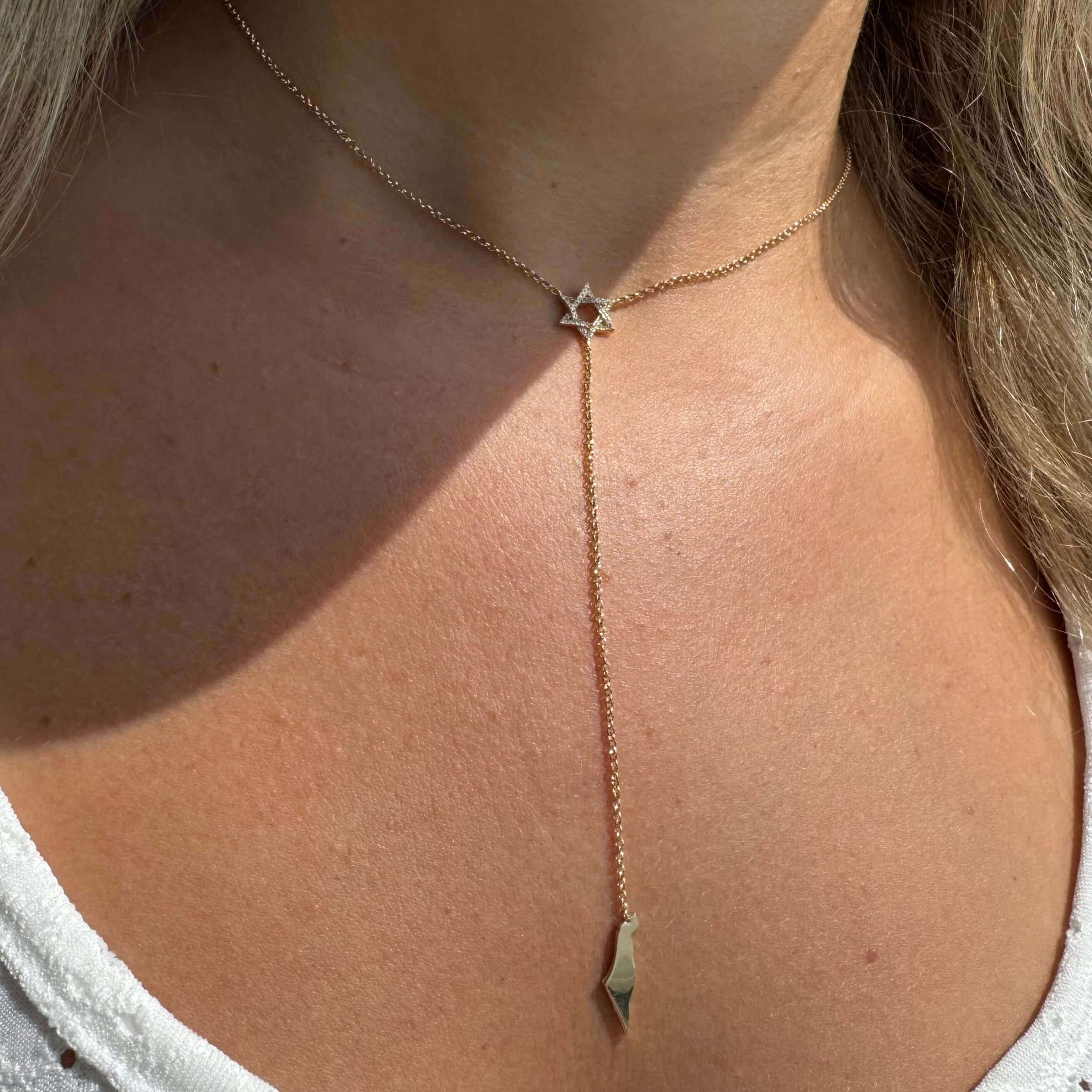 14K Gold Star Of David Land Of Israel Lariat Diamond Necklace