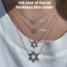 14K Gold Star of David necklace size guide displaying mini, small, medium, and large options on a model.