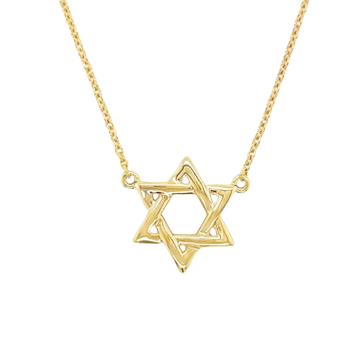 14K gold Star of David necklace on a chain, symbolizing faith and protection, available in multiple sizes.