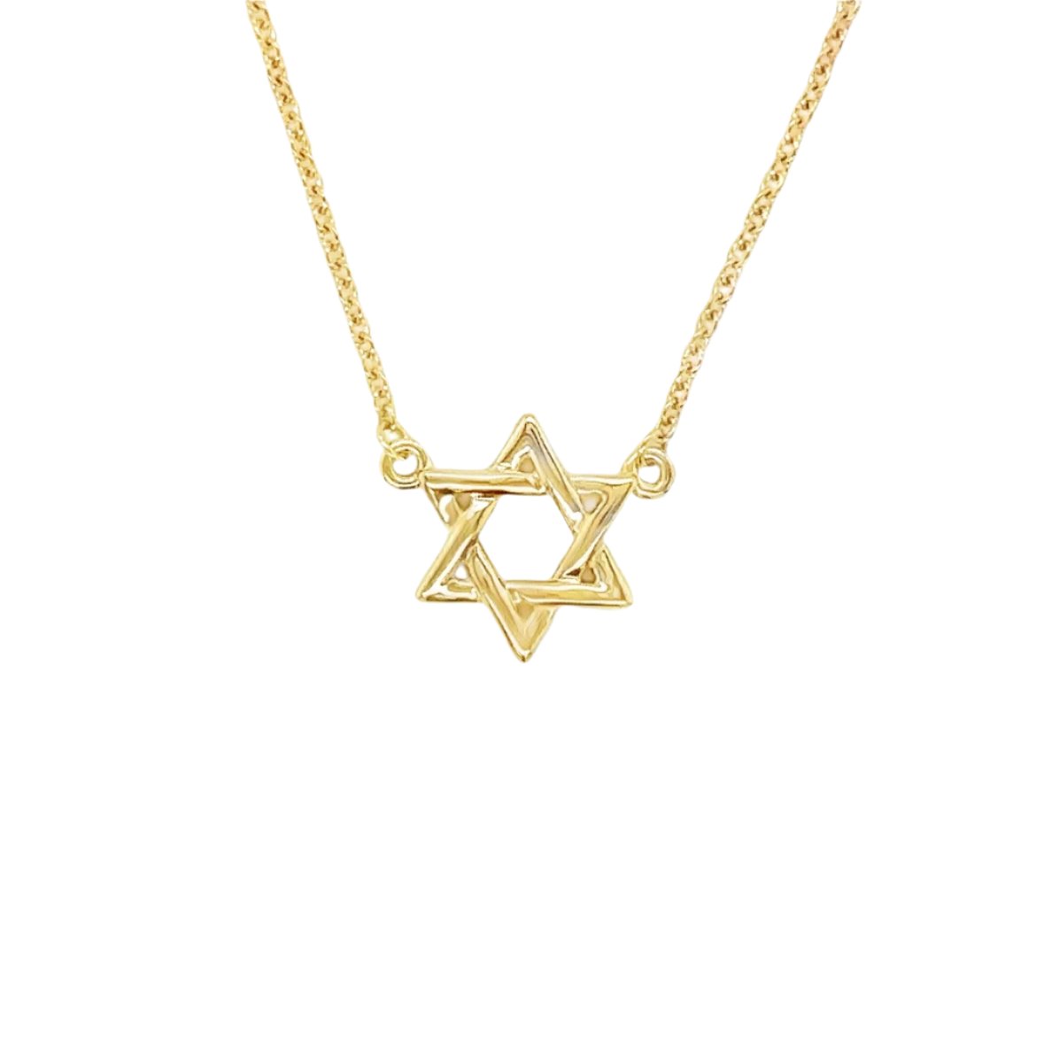 14K gold Star of David necklace with a delicate chain, symbolizing faith and protection. Available in multiple sizes.