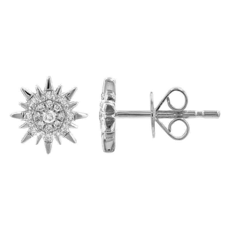 Sunburst diamond stud earrings in white gold setting from our luxury jewelry collection.