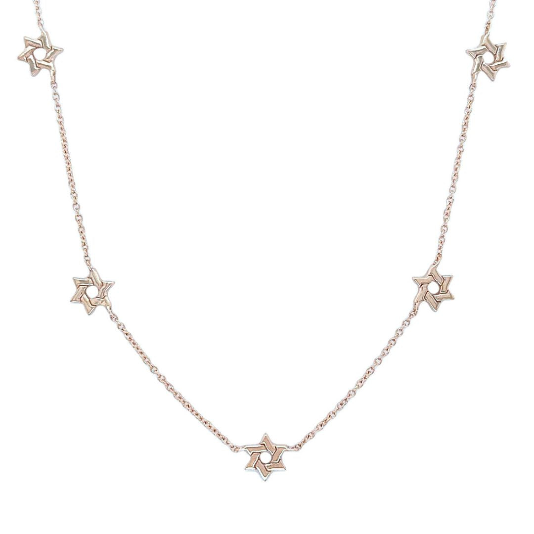 14K Gold Stars of David Station Necklace with five delicate Star of David charms on a fine gold chain, shown in all gold option.