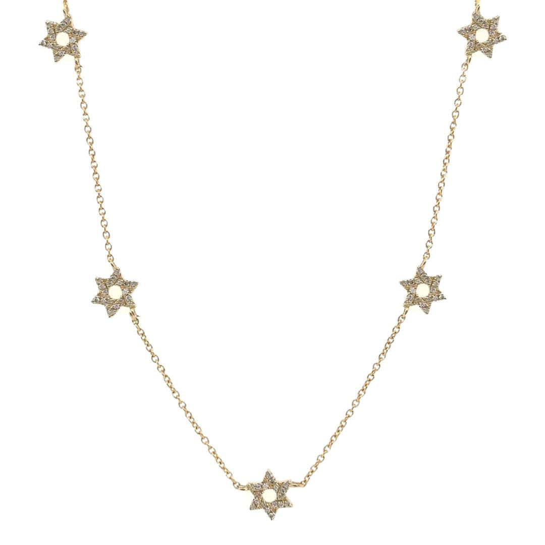 14K Gold Stars of David Station Necklace featuring 5 delicate Star of David stations on a gold chain for an elegant, luxury look