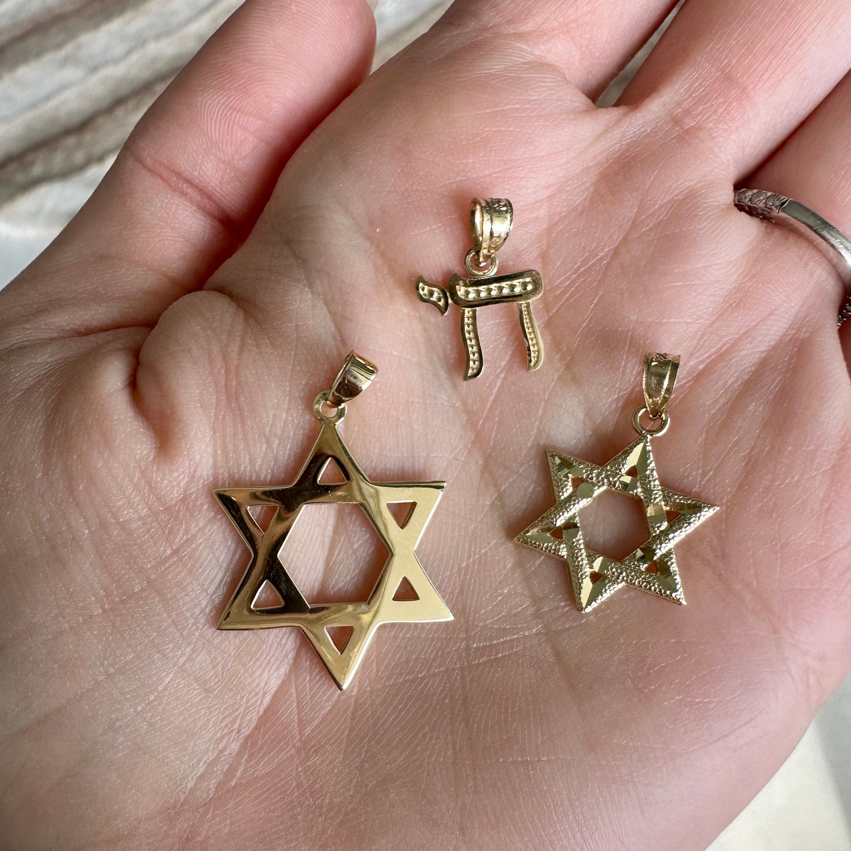 14K Gold Textured Hebrew Chai Necklace Charm
