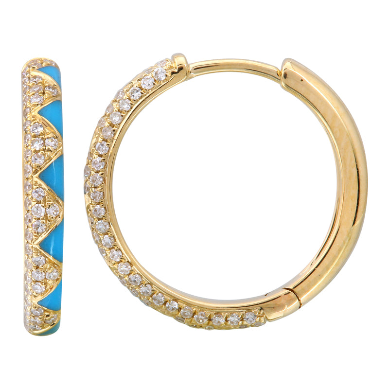 14K Gold Zigzag Enamel Diamonds Hoops Pair Turquoise Yellow Gold Earrings by Izakov Diamonds + Fine Jewelry | Izakov