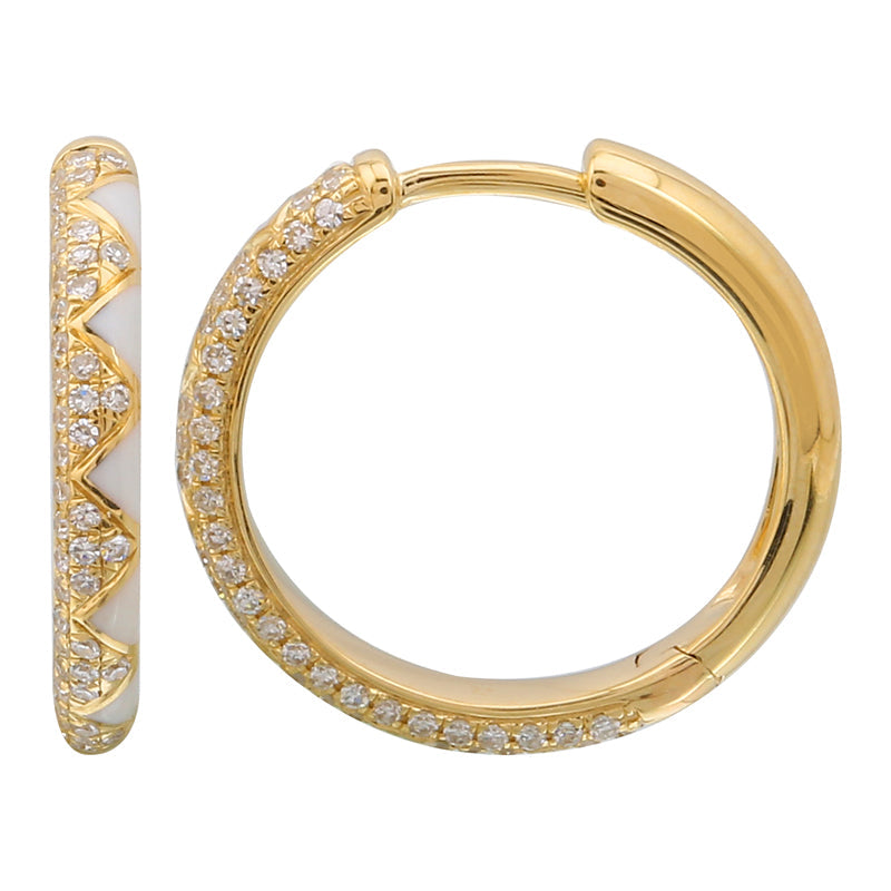 14K Gold Zigzag Enamel Diamonds Hoops Pair White Yellow Gold Earrings by Izakov Diamonds + Fine Jewelry | Izakov