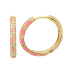 Gold hoop earrings with pink enamel and diamond accents from our luxury jewelry brand.