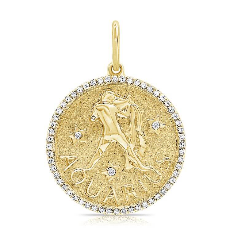 Gold Aquarius zodiac pendant with diamond accents by [Brand Name] jewelry