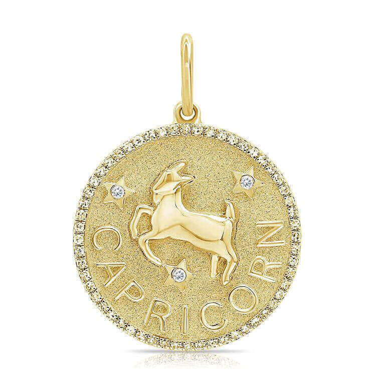 Elegant gold Capricorn zodiac pendant with a diamond-studded edge, perfect for astrology jewelry lovers.