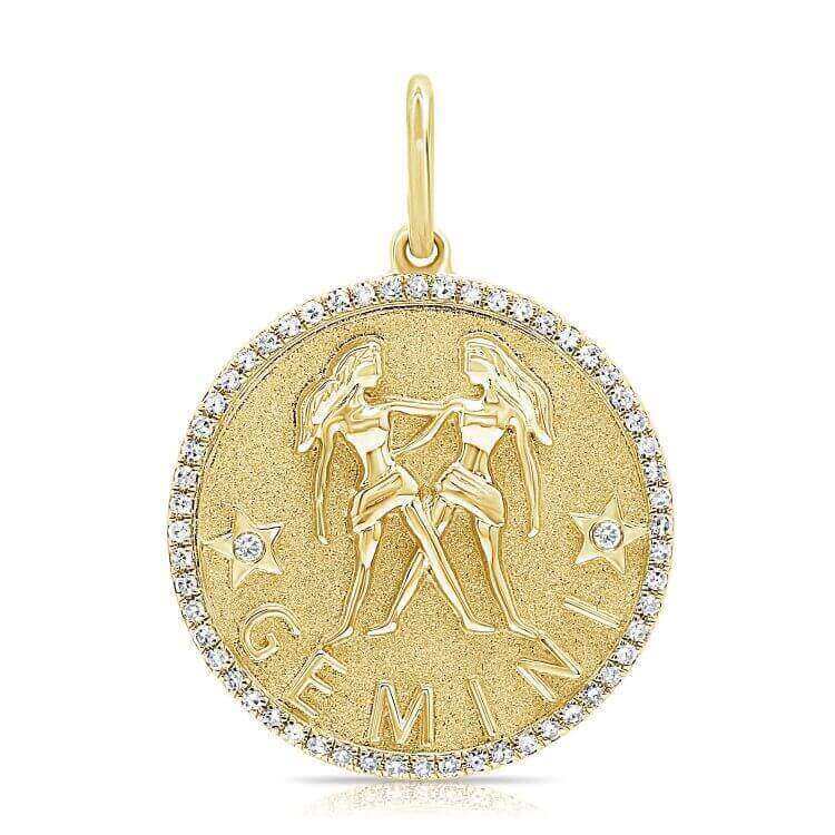 Gemini zodiac gold pendant with gemstone accents from our jewelry collection.