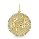 Gold Pisces zodiac pendant with diamond-studded border from our jewelry brand collection.