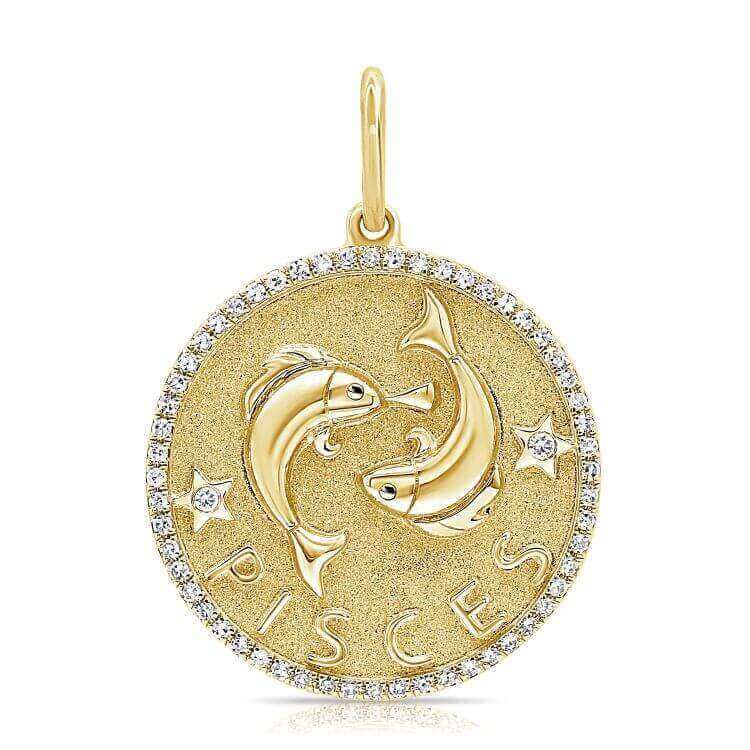 Gold Pisces zodiac pendant with diamond-studded border from our jewelry brand collection.