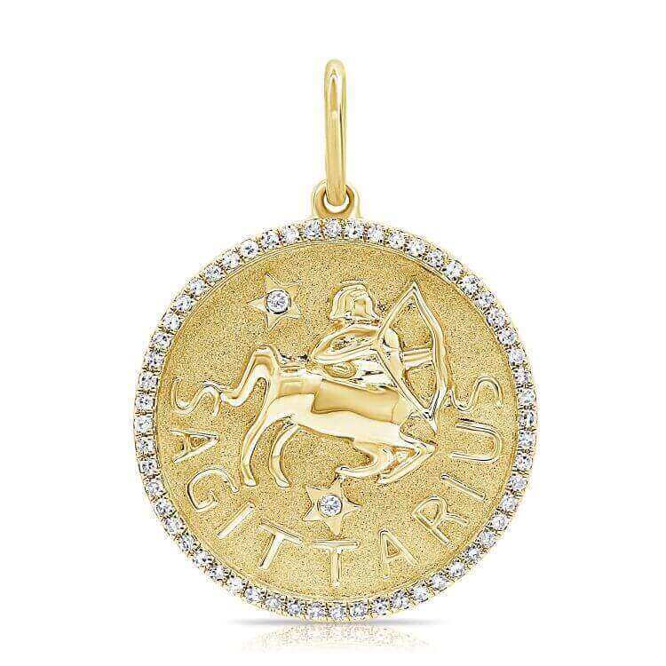 Gold Sagittarius zodiac pendant with diamond accents from our luxury jewelry collection.