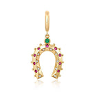 Multi-Gemstone Horseshoe Pendant in 14k yellow gold with emerald, rubies, and diamonds for luck and style.