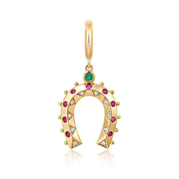 Multi-Gemstone Horseshoe Pendant in 14k yellow gold with emerald, rubies, and diamonds for luck and style.