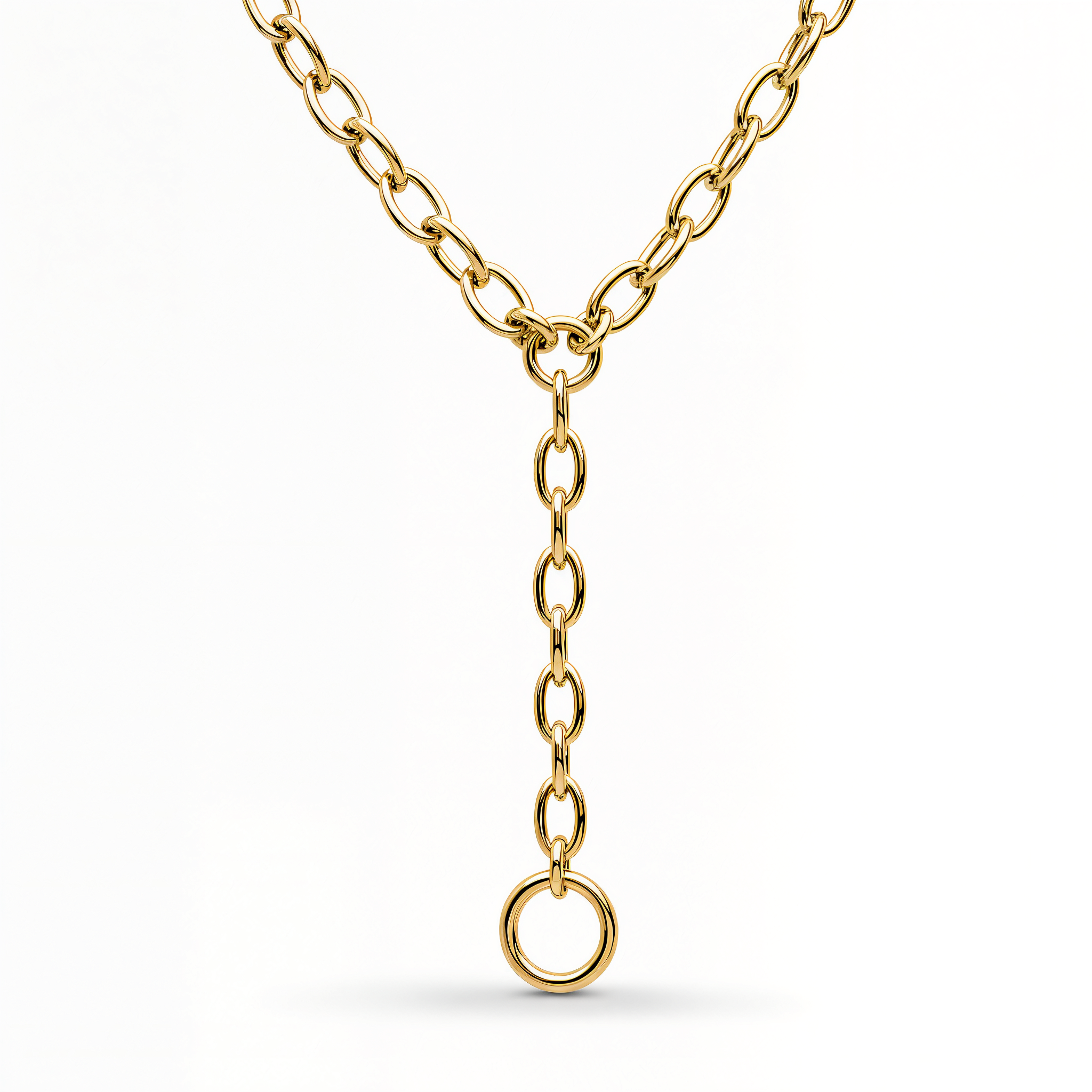 Oval Cable Link Lariat Gold Necklace