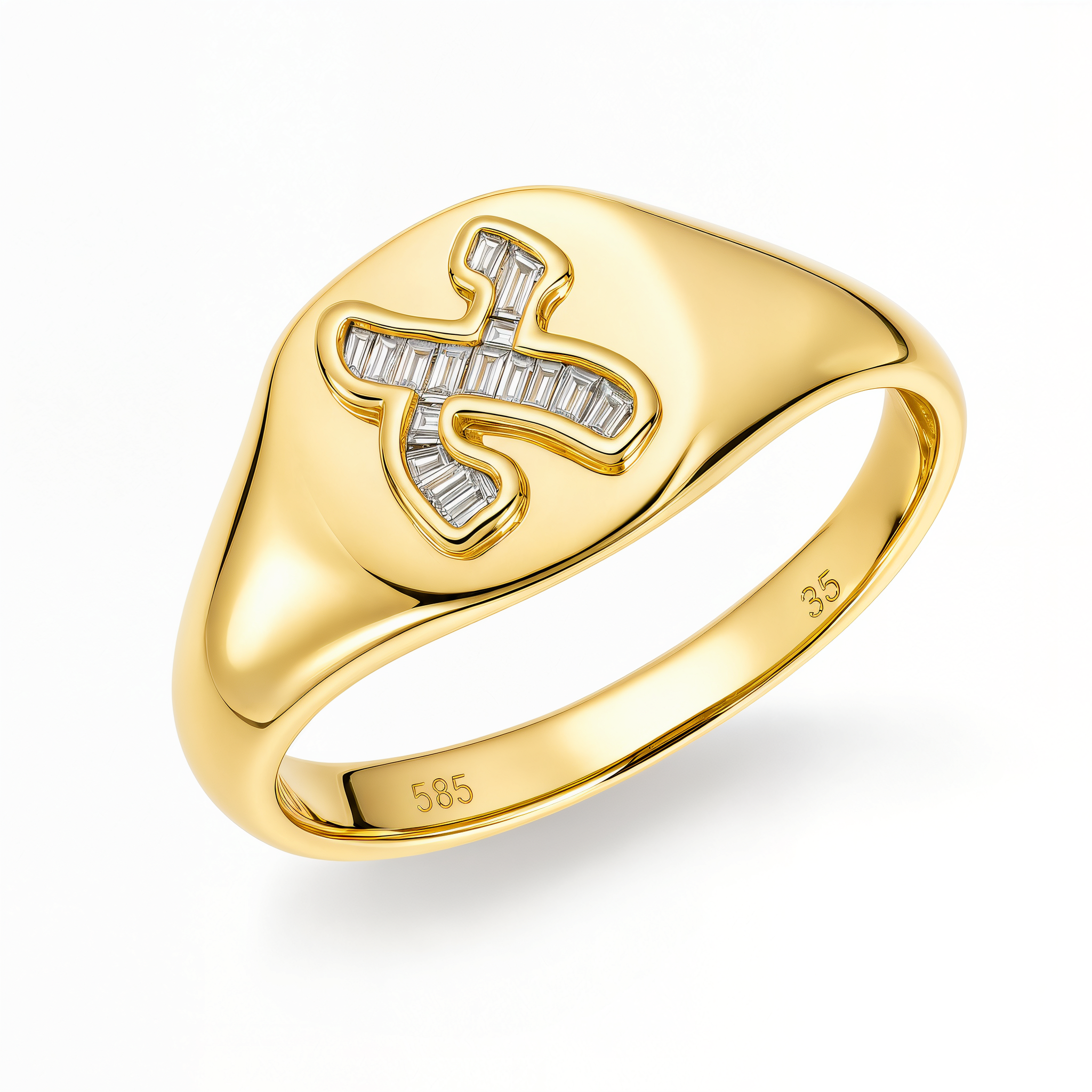 Baguette Diamond Hebrew Initial Signet Pinky Ring