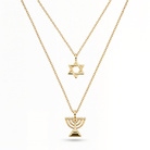 Double Layer Star Of David & Menorah Gold Necklace, 14K gold, Izakov Fine Jewelry