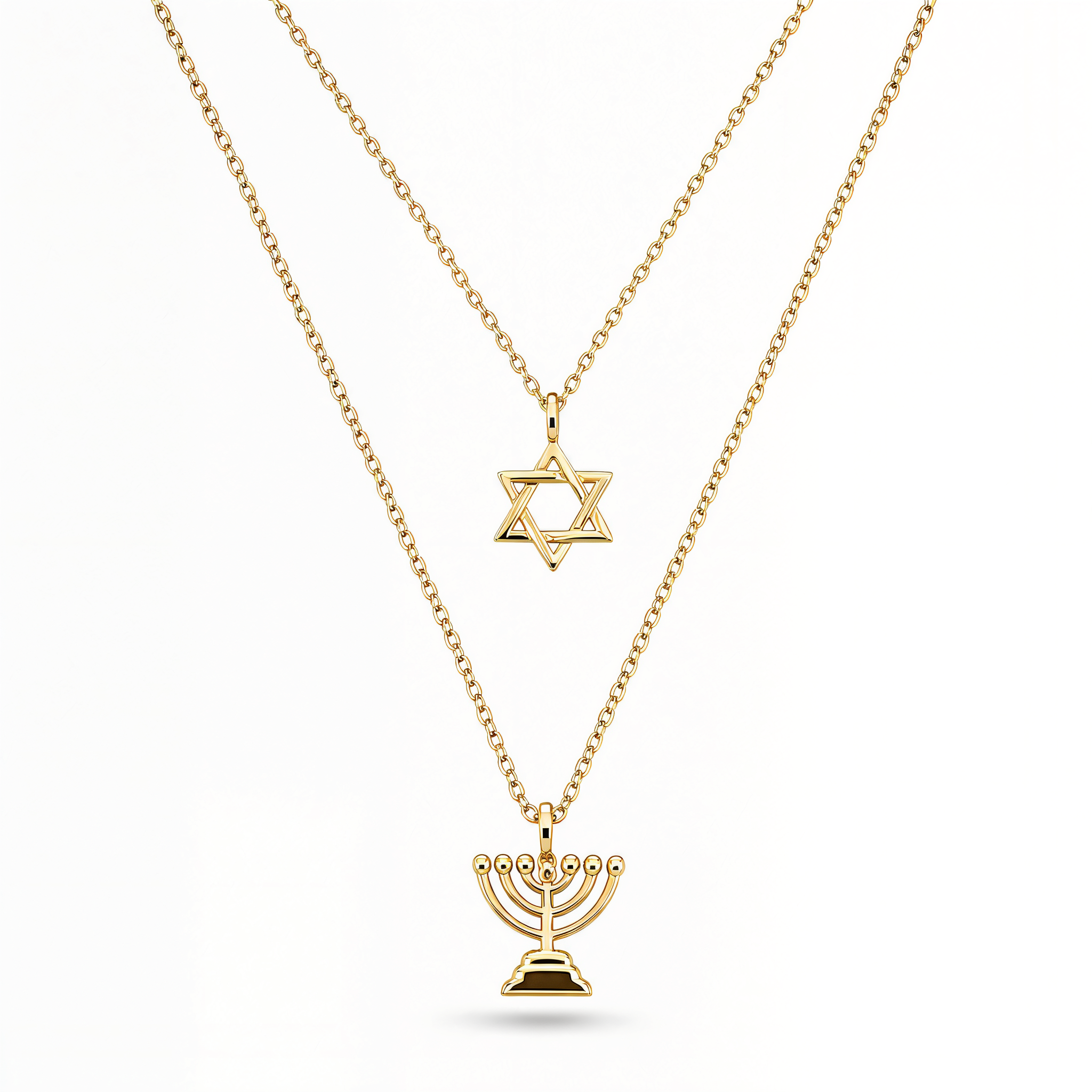 Double Layer Star Of David & Menorah Gold Necklace