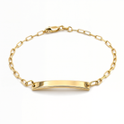 Children's Engravable ID Tag Gold Paper Clip Bracelet worn on hand