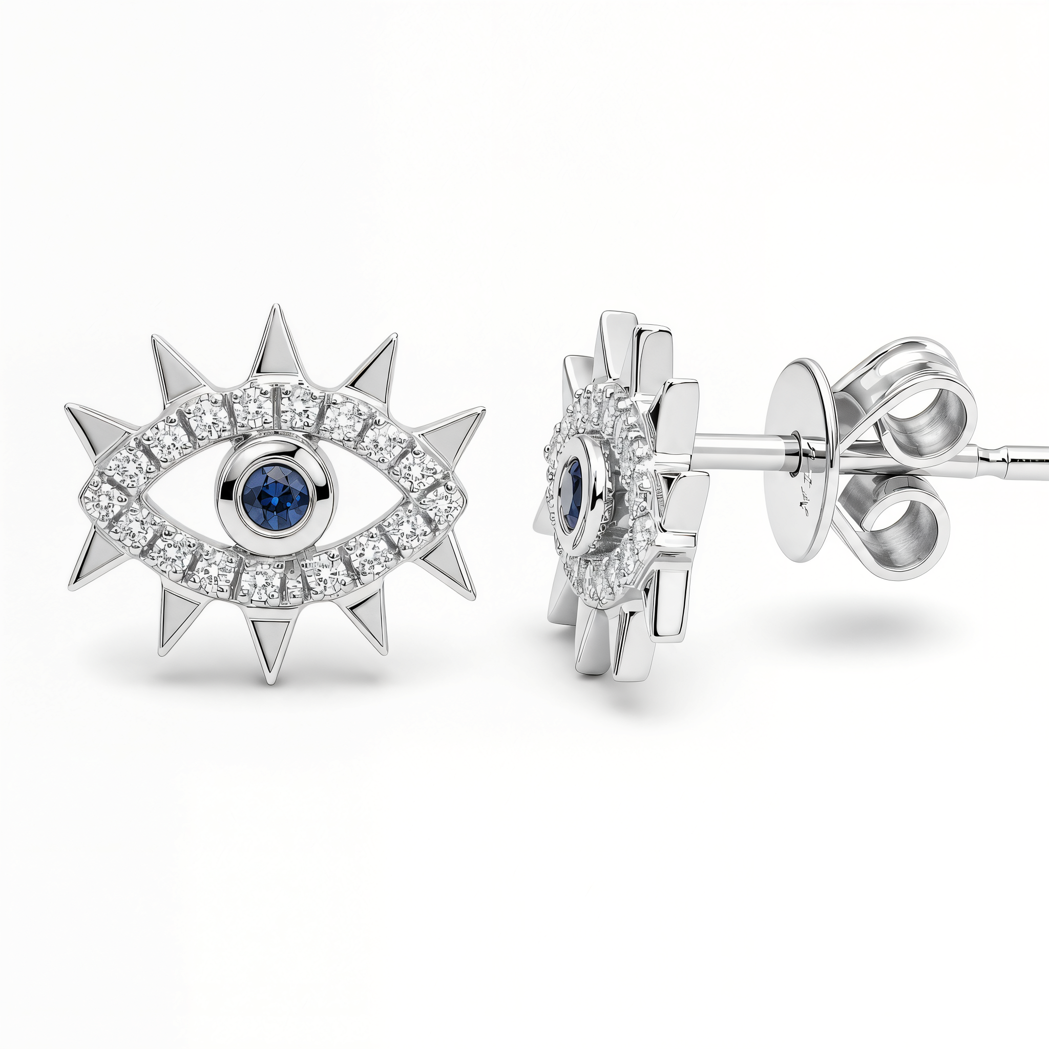 Diamond Accented Spikes Evil Eye Button Earrings