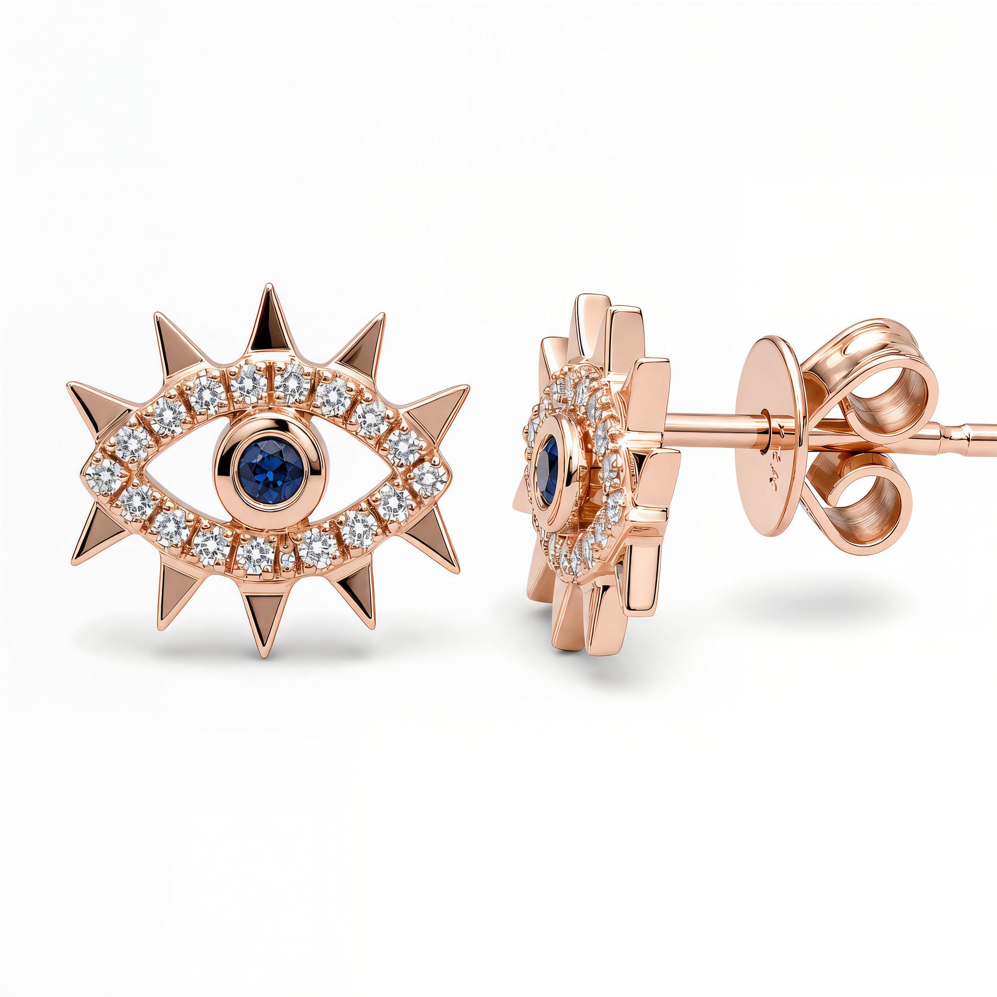 Diamond Accented Spikes Evil Eye Button Earrings