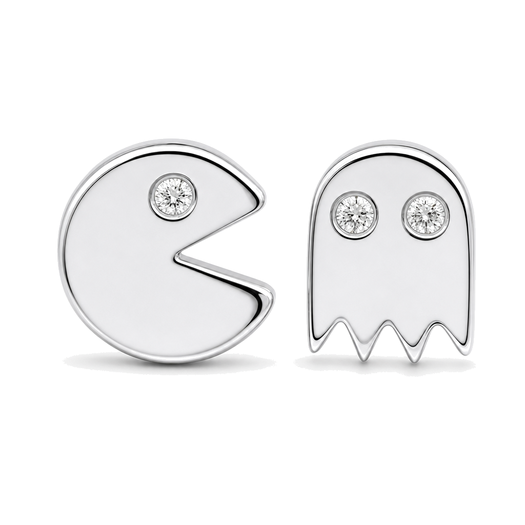 Diamond Accented Pacman Mismatch Button Earrings