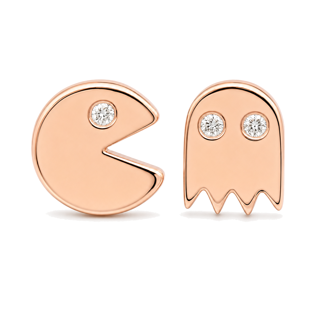 Diamond Accented Pacman Mismatch Button Earrings