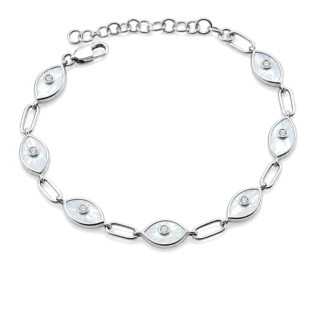 Diamond Accented Mother of Pearl Evil Eyes Link Bracelet