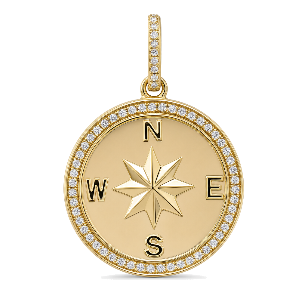 Diamond Halo Compass Coin Necklace Charm