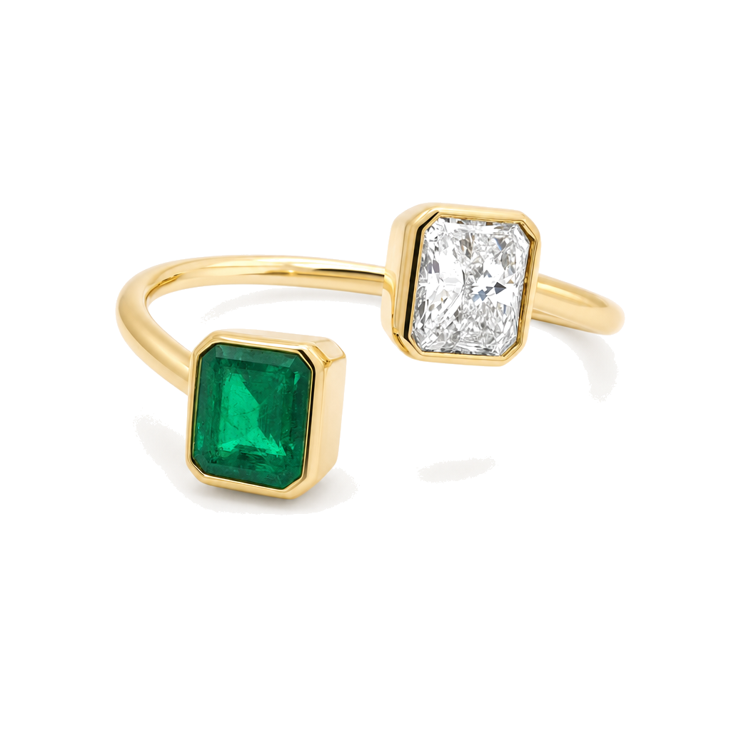 Toi et Moi Radiant Cut Diamond & Emerald Wrap Ring