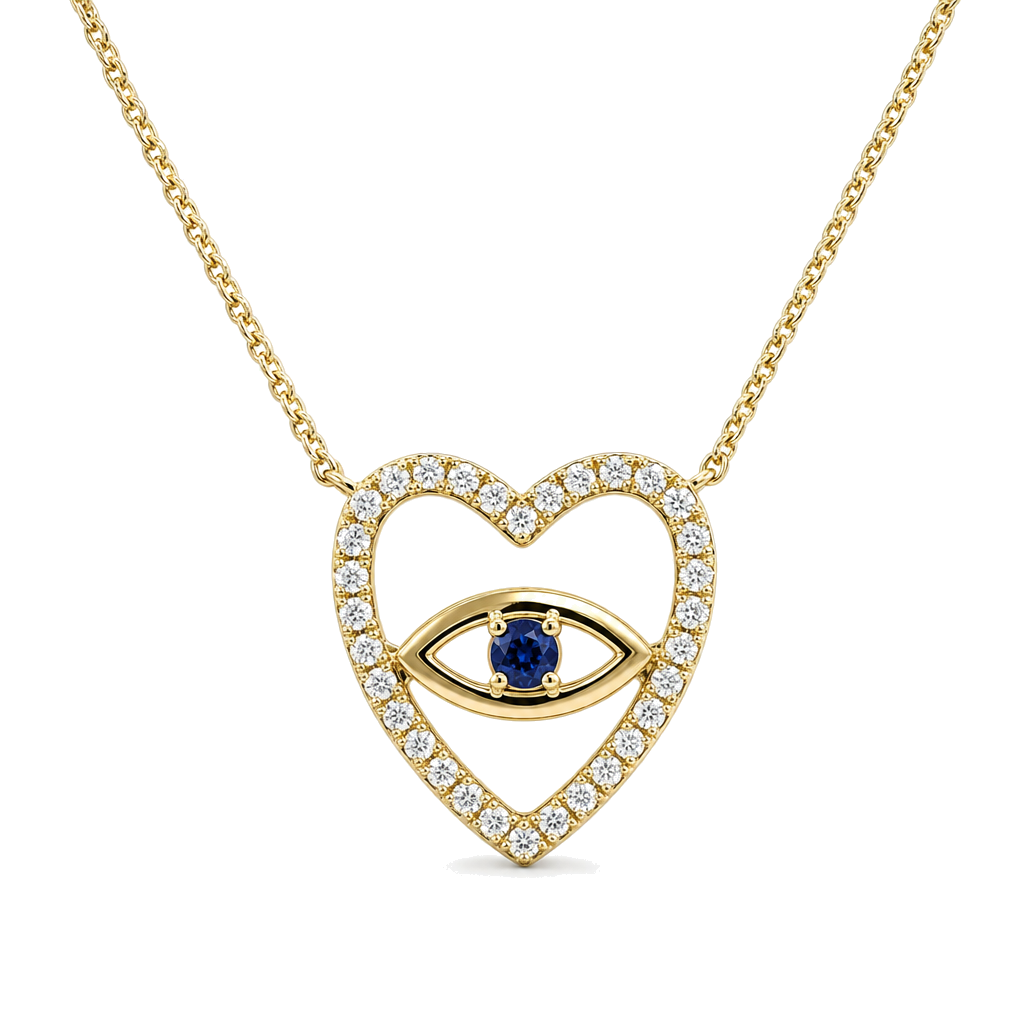 Sapphire Accented Evil Eye Heart Diamond Necklace, sapphire and diamond, Izakov Fine Jewelry