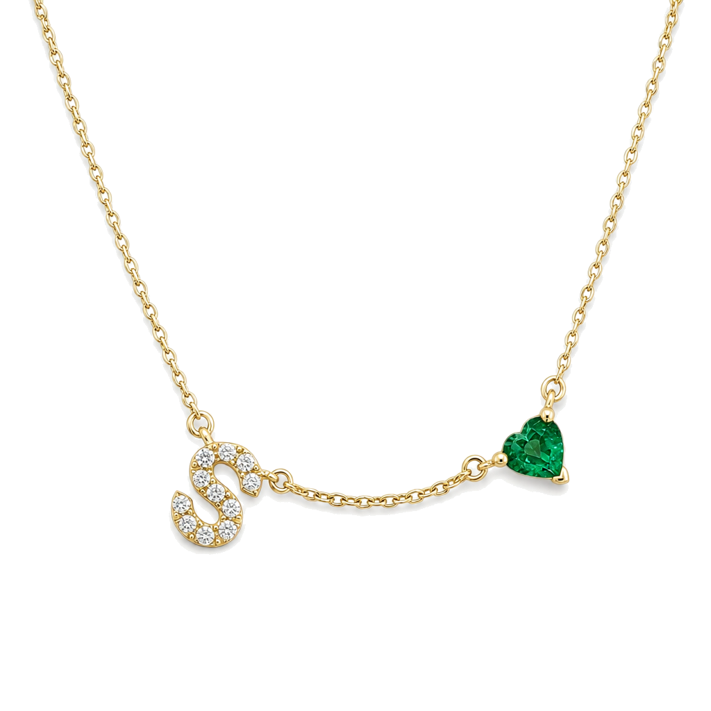 Pave Diamond Initial Heart Gemstone Necklace