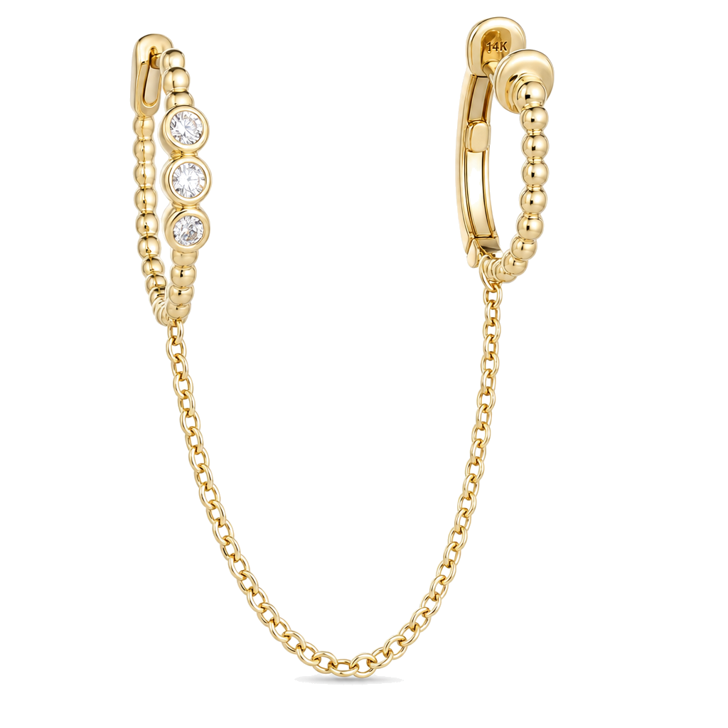 Diamond Bezel Huggie Chained Ear Cuff Earring