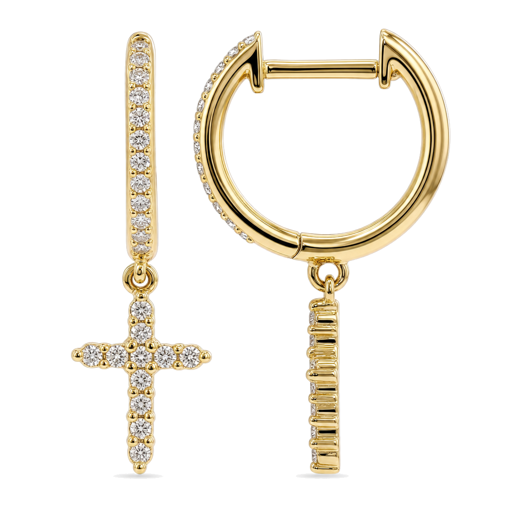 Micro Pave Diamond Cross Dangling Huggie Earrings close-up, pave