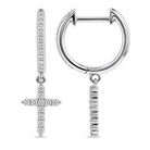 Micro Pave Diamond Cross Dangling Huggie Earrings worn on hand