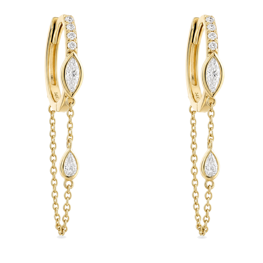 Marquise + Pear Diamond Chained Huggies, diamond, Izakov Fine Jewelry