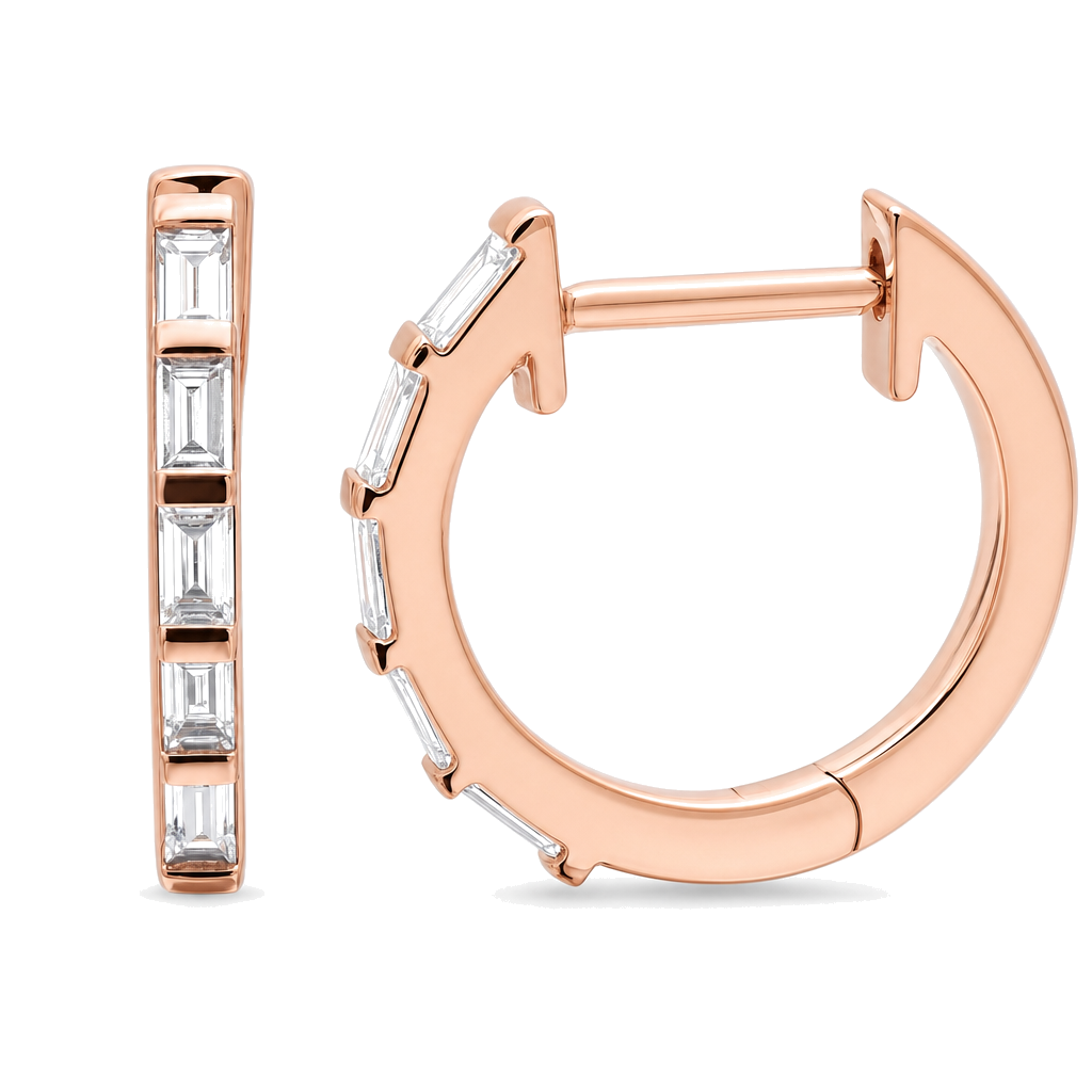 Baguette Diamond Huggie Earrings worn on hand