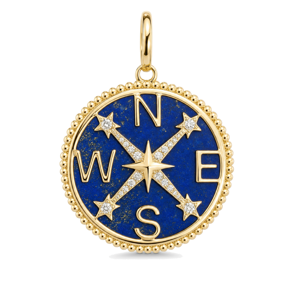 Gemstone Compass Coin Diamond Necklace Charm